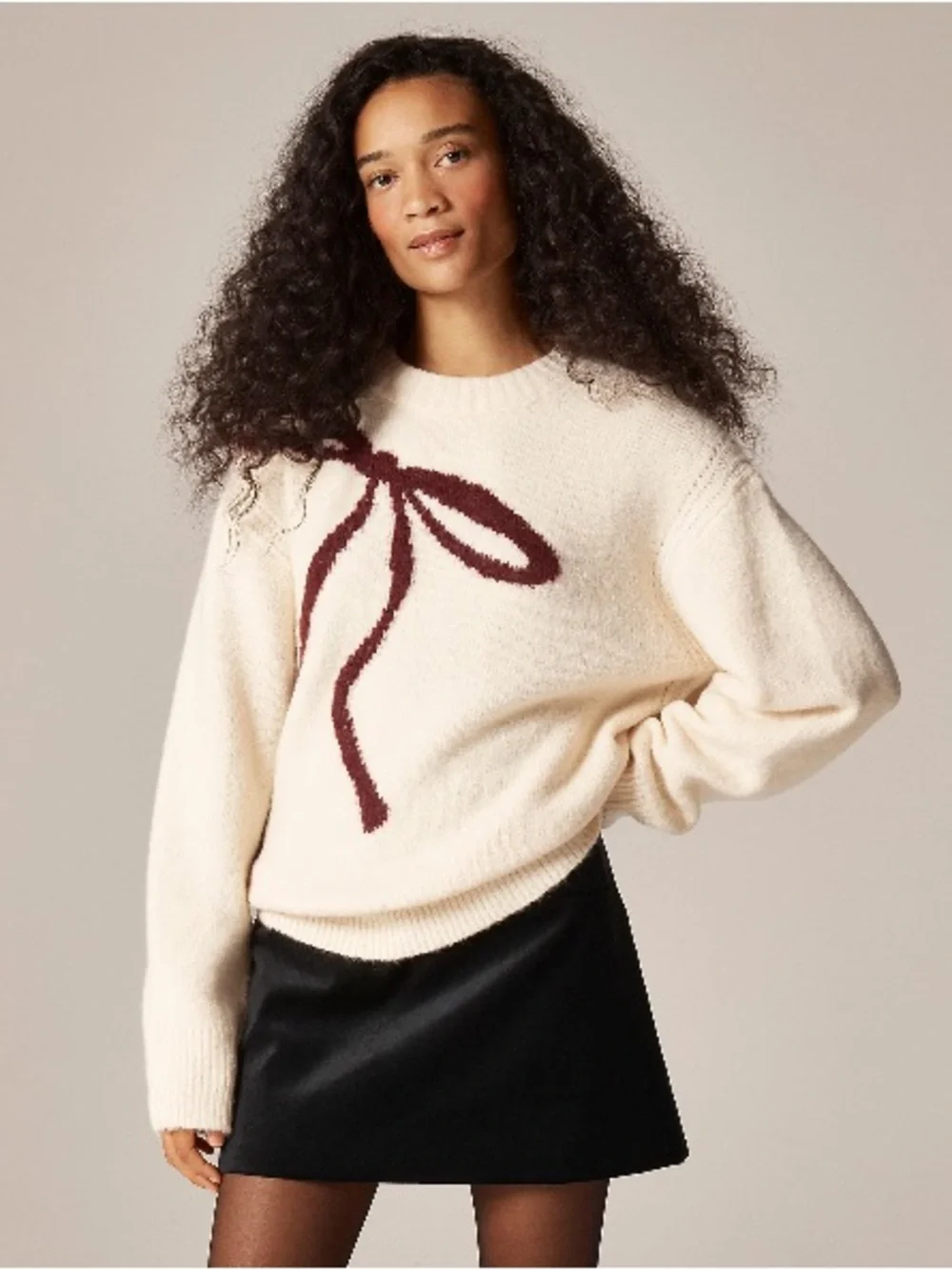 J. Crew Relaxed Crewneck Pullover Bow Print Oversized Wool Alpaca L XL NWT